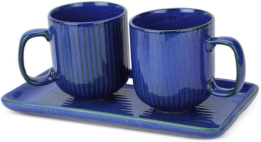 Ceramic Coffee Mugs with Handle Set – 2-Piece 11 Oz Ceramic Coffee Cups & 9" Tray, Handmade Midnight Blue Color, Microwave Safe Gift Set for Tea Lovers, Home Kitchen Décor