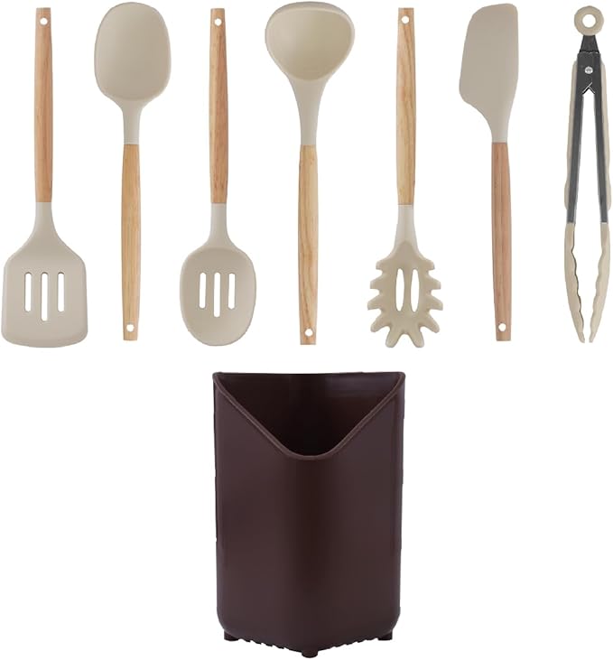 Glad Silicone Kitchen Utensils Set, 8pcs - Nonstick Cooking Tools with Wooden Handles and Utensil Holder - Spatula Set with Turner, Ladle, Spoons, Tongs, and Spaghetti Server - Beige