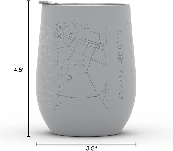 Well Told Engraved Pittsburgh Pennsylvania Map Insulated Wine Tumbler, Etched Stainless Steel Cup (12 oz, Dockside Gray) City Map Insulated Tumbler, Custom Insulated Tumbler, Outdoor Drinkware