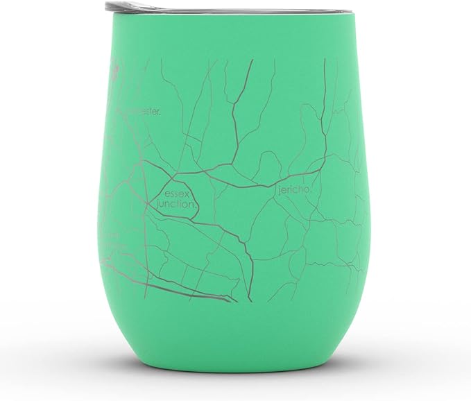 Well Told Engraved Burlington Vermont Map Insulated Wine Tumbler, Etched Stainless Steel Cup (12 oz, Sunday Green) City Map Insulated Tumbler, Custom Insulated Tumbler, Outdoor Drinkware