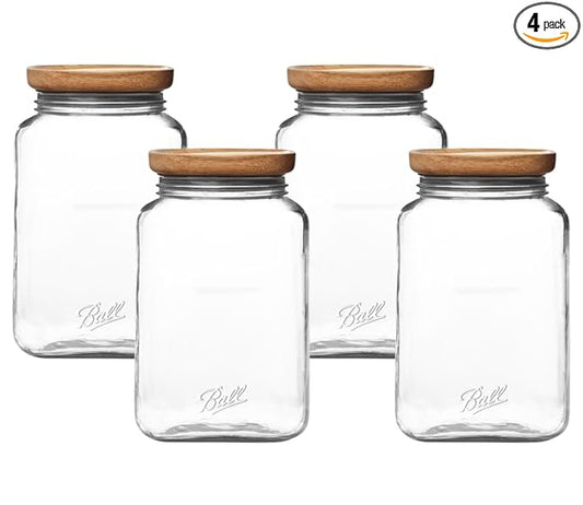 Ball Stack & Store Glass Mason Jars with Wooden Lid, Used for Pantry, Cookies, Flour, Cereal, Rice, Sugar, Tea, Coffee Beans, Spices, Square, 15.6-Cup (Pack of 4)