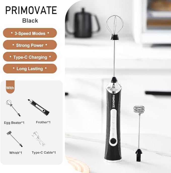 Rechargable Milk Frother, Handheld Drink Mixer with Whisk Attachment, 2025 upgraded powerfull 3 speed motor, Type C charging with charge light, with extra egg mix head (Black with Stand)