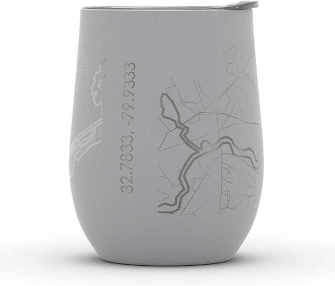 Well Told Engraved Charleston South Carolina Map Insulated Wine Tumbler, Etched Stainless Steel Cup (12 oz, Dockside Gray) City Map Insulated Tumbler, Custom Insulated Tumbler, Outdoor Drinkware