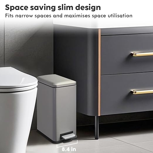Bathroom Trash Can with Lid, 16.7L/ 4.4 Gallon Rectangular Slim Trash Can with Removable Inner Bucket, Soft Close lid, Stainless Steel Step Pedal Garbage Can for Kitchen, Home Office, Kohler Grey