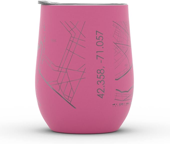 Well Told Engraved Boston Massachusetts Map Insulated Wine Tumbler, Etched Stainless Steel Cup (12 oz, Sunset Pink) City Map Insulated Tumbler, Custom Insulated Tumbler, Outdoor Drinkware