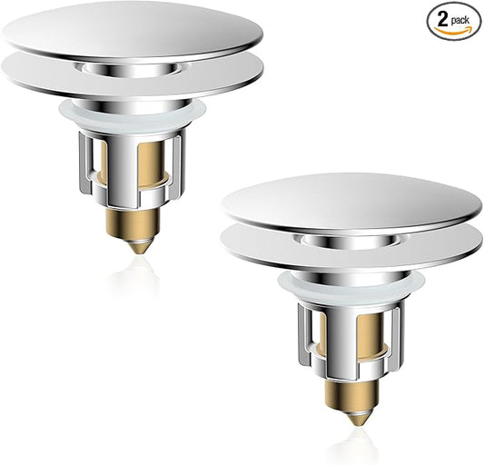 iFealClear 2 Pack Universal Bathroom Sink Stopper, Pop Up Sink Drain Strainer with Hair Catcher Basket, Fit 1.1"-2.36" US Basin, Wash Basin Drain Plug with Large Cover Cap, Brass Bounce Core, Chrome