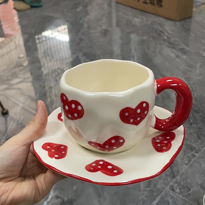 Coffee Mug Set with Saucer Cute Red Hearts Cup Gifts for Women for Birthday Tea Coffee Mug Saucer 250 ML Ceramic Cup Birthday Gift for Women Girls Mom Friend Coffee Mug aucer Set