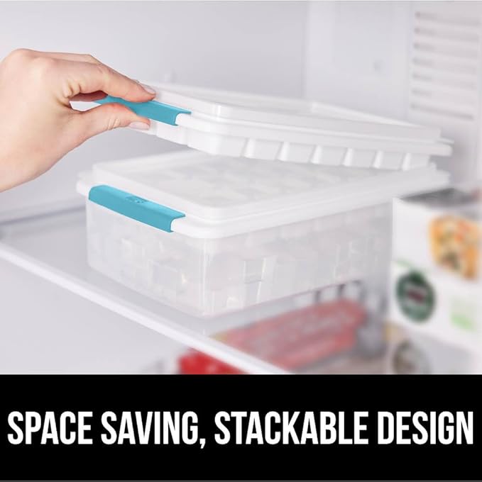 GORILLA GRIP BPA-Free Easy Release Stackable Ice Cube Tray for Freezer, Set Makes 56 Cubes for Cocktails, Coffee, Bucket Kit Includes 2 Leakproof Trays with Lid and Scooper, Kitchen Tool, Turquoise