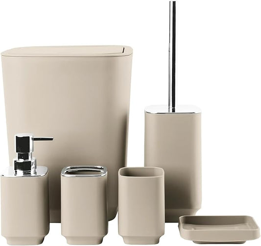 Bathroom Accessory Set 6 Piece Bathroom Accessories Set with Toothbrush Holder&Cup,Soap Dispenser& Dish,Toilet Brush Holder,Trash Can Plastic Gift Set for Bathroom Decorative Countertop (Coffee)