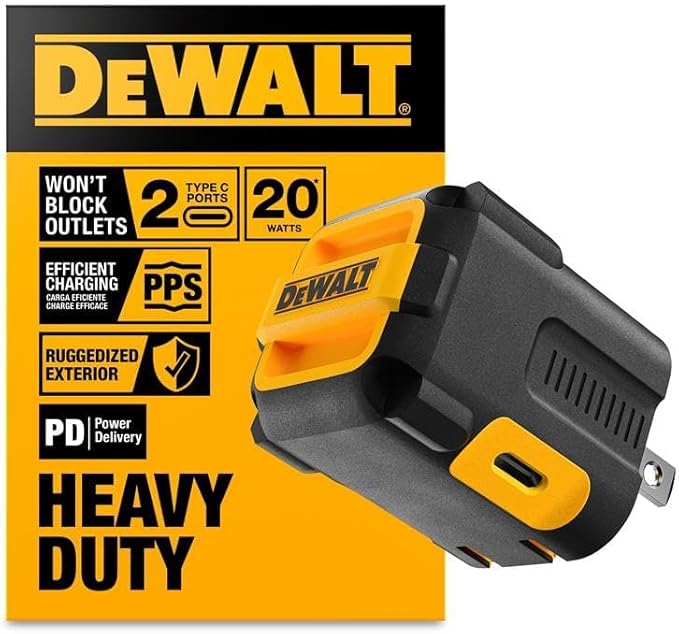 DEWALT Heavy Duty NeverBlock 20W Type C Charger, Dual Port Angled Cube Wall Adapter w/Foldable Plug, Patented Design Fast Charging Block for iPhone 17 16 15 14 13 Pro Max, Samsung Galaxy S24, HTC, LG