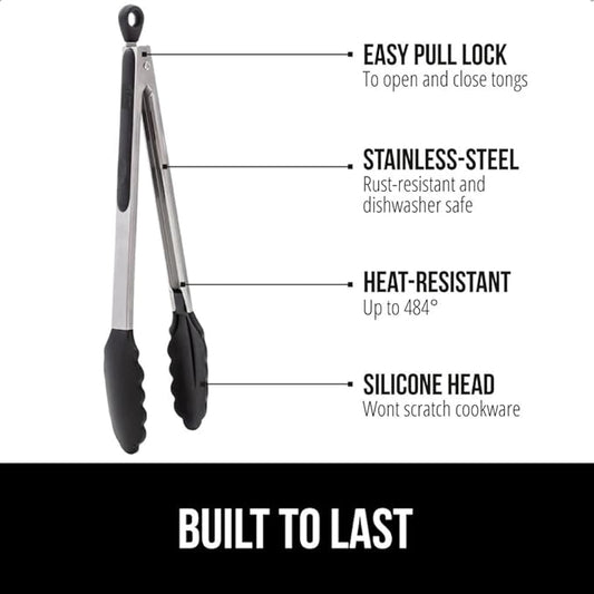 GORILLA GRIP Stainless Steel Heat Resistant Kitchen Tongs for Cooking, 7 + 9 + 12 Inch Set of 3 BBQ Tong, Non Scratch Silicone Tip for Pans, Strong Grip, Grab Food, Pull Lock, Black Mint Red