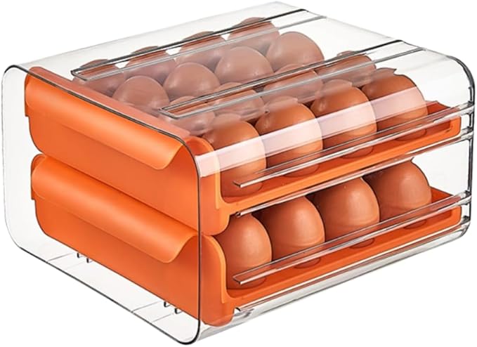 Egg Drawer for Refrigerator 32 Eggs, 2 Tier Clear Stackable Egg Holder with Drawer for Fridge, Drawer Type Egg Storage Box, Egg Tray Countertop (Orange)
