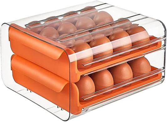 Egg Drawer for Refrigerator 32 Eggs, 2 Tier Clear Stackable Egg Holder with Drawer for Fridge, Drawer Type Egg Storage Box, Egg Tray Countertop (Orange)