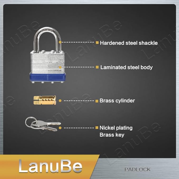LanuBe Lock Laminated keyed Padlock (1-9/16", 40mm), keyed Alike Locks, Normal Shackle,Marked Blue Plastic Hoop, Pack of 100