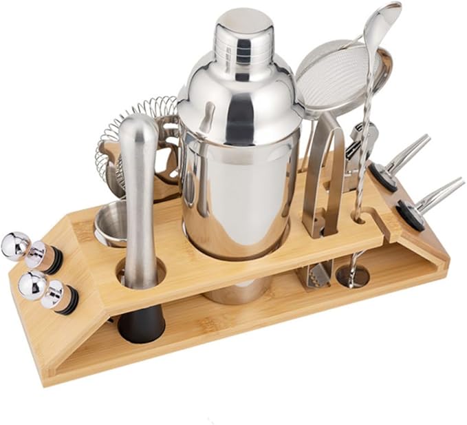 Stainless Steel Cocktail Shaker with Storage Rack Versatile Barware for Home and Bar Parties Includes Mixer Tools for Cocktails Iced Coffee Tea Birthday and Housewarming