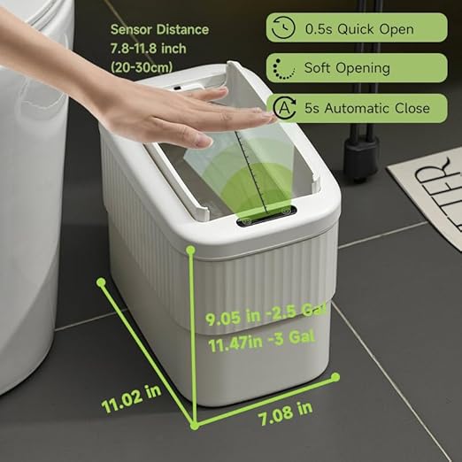 Sensor Hanging Trash Can with Lid 2.5 Gallon,Motion Sensor Garbage Can, Bathroom Trash Cans,Smart Trash Bin,Mountable/Desk for Kitchen Compost Bin,Liveroom,Office,White