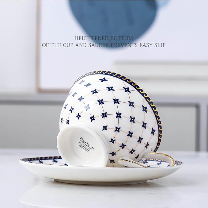 Porlien Royal Blue Star-night Porcelain 7-ounce Teacup and Saucer Set with 6-inch Coffee Spoon