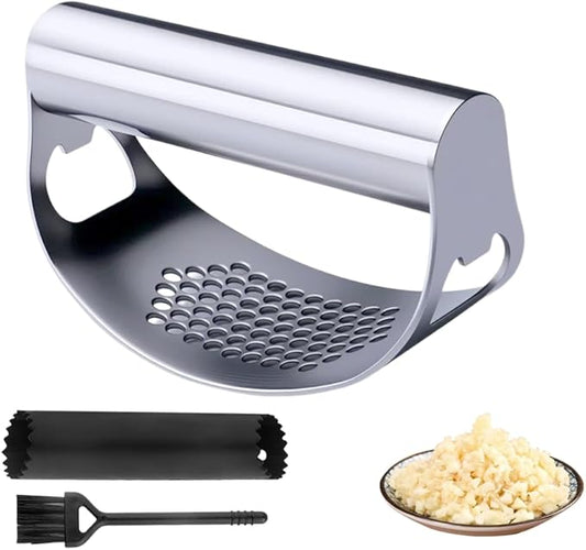 Stainless Steel Garlic Press, 2025 New Arc Shape Stainless Steel Ring Garlic Chopper, Garlic Presse Rocker Garlic Press Mincer Crusher Press, With Peeler and Brush Garlic Chopper (1)
