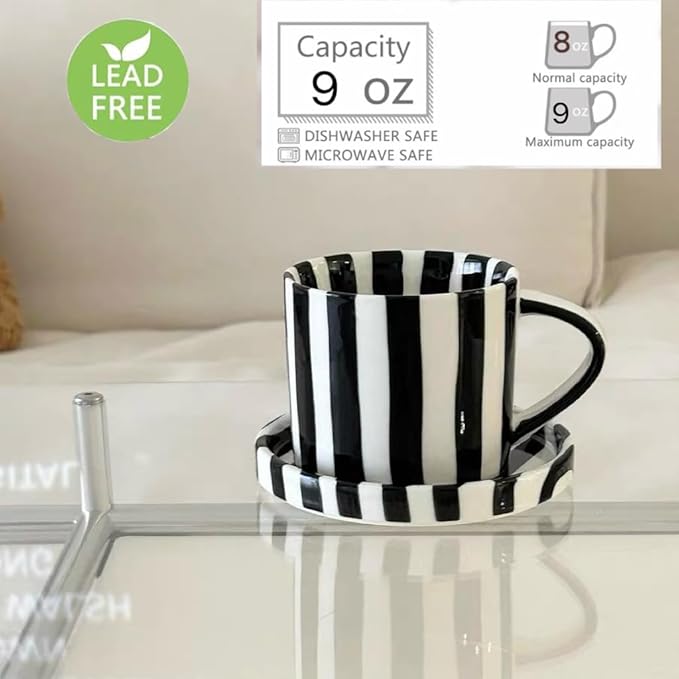 8Oz Stylish Handmade Vertical Striped Coffee Mug Espresso Cups With Saucer, Hand painted Esthetical Ceramic Cappuccino Mugs, Glazed Tea/Coffee Cup, Microwave safe Latte art mug (Black)