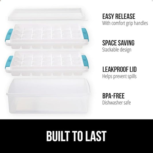 GORILLA GRIP BPA-Free Easy Release Stackable Ice Cube Tray for Freezer, Set Makes 56 Cubes for Cocktails, Coffee, Bucket Kit Includes 2 Leakproof Trays with Lid and Scooper, Kitchen Tool, Turquoise