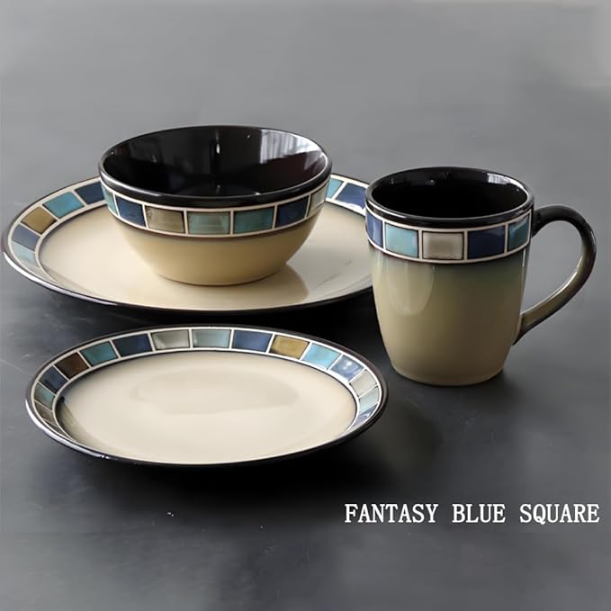 Ceramic Dinnerware Set of 4, 4 Pieces Dishes Set,Plate and Bowl Set, Unique Gift Idea, Scratch Resistant Dishes, Dishwasher & Microwave Safe(Blue)