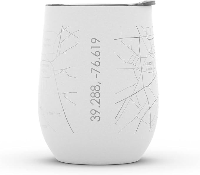 Well Told Engraved Baltimore Maryland Map Insulated Wine Tumbler, Etched Stainless Steel Wine Tumbler (12 oz, White) City Map Insulated Tumbler, Custom Insulated Tumbler, Outdoor Drinkware