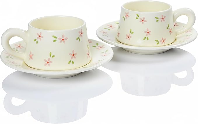 Tea Cup and Saucers, 9.5 oz Floral Tea Cups, Porcelain Teacup, Coffee Cappuccino Espresso Latte Mugs, Floral Design for Party Birthday Cafe Home, Christmas Gifting, flowers Set of 2