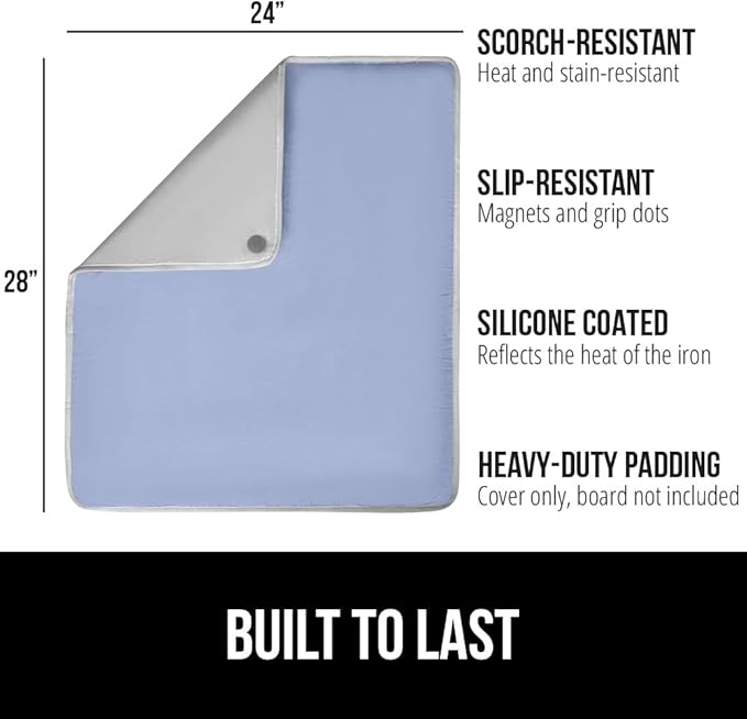 GORILLA GRIP Ironing Mat, Portable Iron Pad, Magnetic Cover for Top of Laundry Washer, Dryer, Table Top, Countertop Blanket, Silicone Coating and Scorch Resistant, Travel Size 28x24, Blue