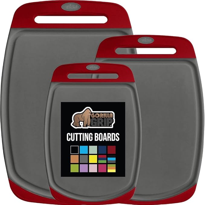 GORILLA GRIP BPA-Free Reversible Kitchen Cutting Board Set of 3, US Designed, Nonporous, Juice Grooves Catch Liquid, Slip Resistant Border, Dishwasher Safe, Durable Large Food Chopping Boards Red Gray