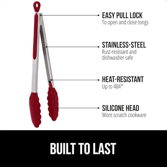 GORILLA GRIP Stainless Steel Heat Resistant Kitchen Tongs for Cooking, Set of 2 BBQ Tong, Non Scratch Silicone Tip for Pans, Strong Grip, Grab Food, Toss Salad, Air Fryer, Pull Lock, 7 + 9 Inch, Red