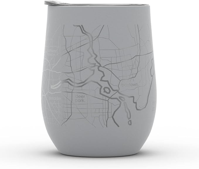 Well Told Engraved Houston Texas Map Insulated Wine Tumbler, Etched Stainless Steel Cup (12 oz, Dockside Gray) City Map Insulated Tumbler, Custom Insulated Tumbler, Outdoor Drinkware