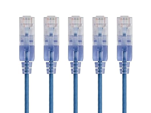 Monoprice Cat6A Ethernet Patch Cable - Snagless RJ45, 550Mhz, 10G, UTP, Pure Bare Copper Wire, 30AWG, 5-Pack, 1 Feet, Blue - SlimRun Series