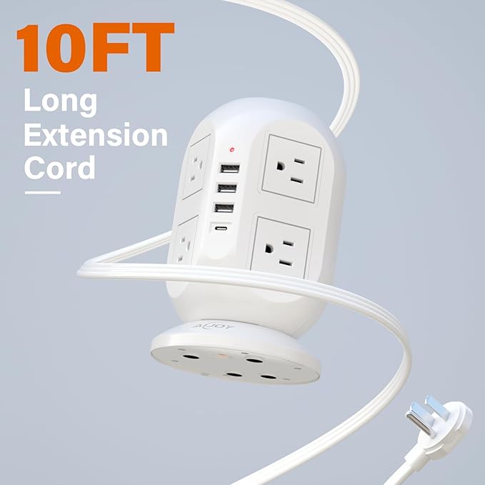 AiJoy Surge Protector Power Strip Tower with 8 Outlets 4 USB Ports(1 USB-C), 10 FT Flat Extension Cord with Multiple Outlets, Charging Tower with Surge Protection for Home Office Dorm Room Essentials