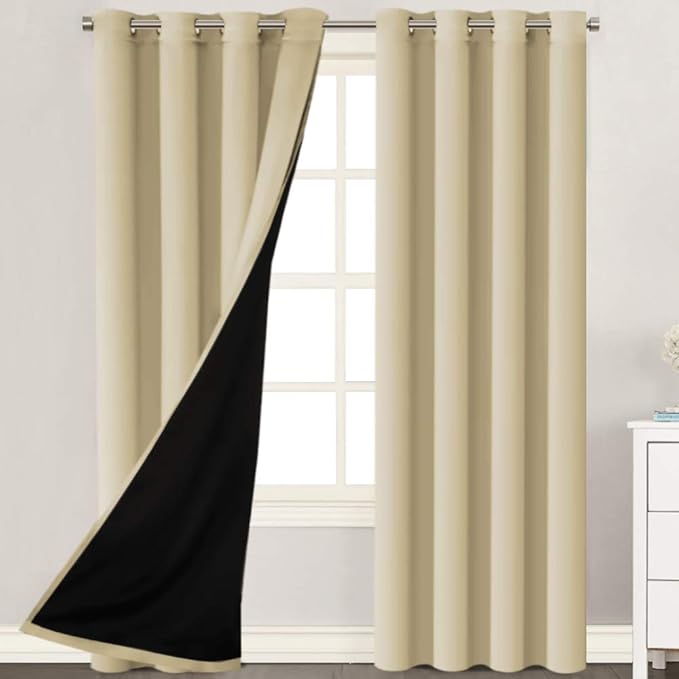 H.VERSAILTEX 100% Blackout Curtains 84 Inches Long (2 Layers) Full Light Blocking Window Curtain Draperies for Bedroom Thermal Insulated Soft Thick Silky Grommet 2 Panels, Wheat with Black Liner