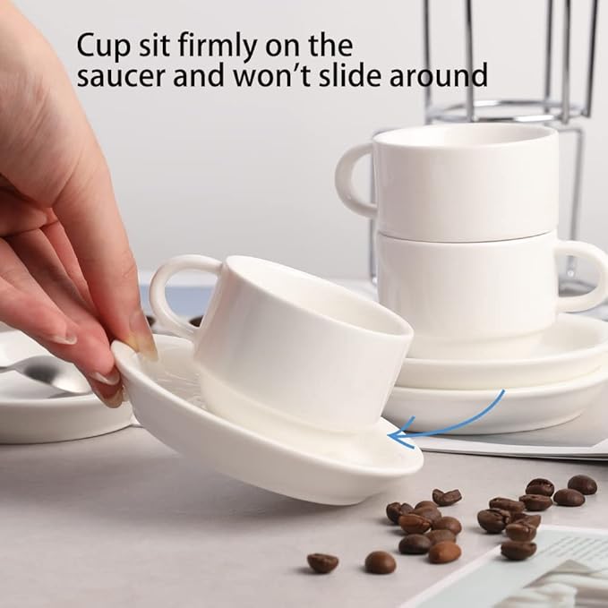 Sweejar Porcelain Espresso Cups with Saucers, 2.5 Ounce Stackable Cappuccino Cups with Metal Stand for Coffee Drinks, Latte, Tea - Set of 4 (Jade)