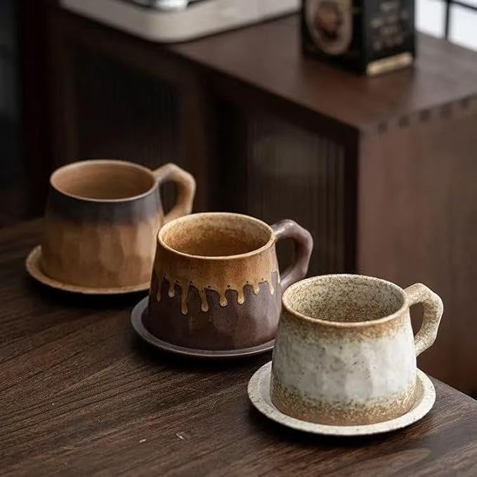 10oz Unique Vintage Retro Handmade Ceramic Cappuccino Barista Cup with Saucer –Rustic Stoneware Coffee Mug, Lead-Free Latte Art Mug，Handmade ceramic cappuccino cups or tea cup, Brown