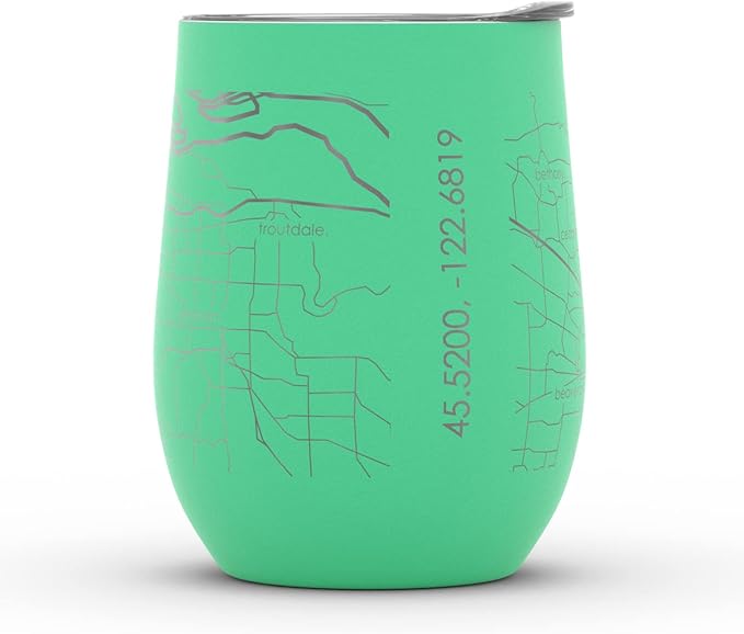 Well Told Engraved Portland Oregon Map Insulated Wine Tumbler, Etched Stainless Steel Cup (12 oz, Sunday Green) City Map Insulated Tumbler, Custom Insulated Tumbler, Outdoor Drinkware