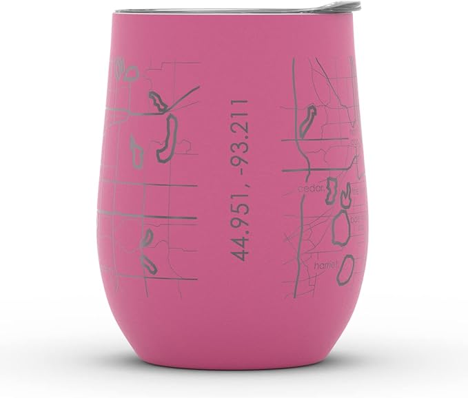 Well Told Engraved Minneapolis Minnesota Map Insulated Wine Tumbler, Etched Stainless Steel Cup (12 oz, Sunset Pink) City Map Insulated Tumbler, Custom Insulated Tumbler, Outdoor Drinkware