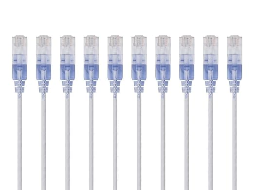 Monoprice Cat6A Ethernet Patch Cable - Snagless RJ45, 550Mhz, 10G, UTP, Pure Bare Copper Wire, 30AWG, 10-Pack, 7 Feet, Blue - SlimRun Series