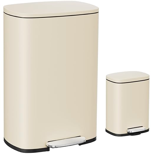 Arlopu 13.2+1.3 Gallon Step Trash Can, Stainless Steel Garbage Bin, Soft-Close Rubbish Bin with Removable Plastic Inner Bucket, Fingerprint-Proof, Lid Dustbin, for Kitchen Home (Beige)