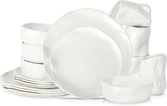 Stone by Mercer Project Atik Modern Stoneware 16-Piece Dinnerware Set, Plate and Bowl Set, Dish set for 4, White