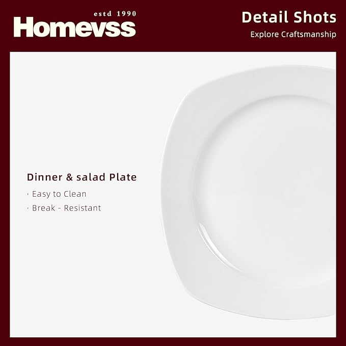HomeVss, New Bone China Embossed Dinnerware Set, Coupe Square Shape, 16pc Set