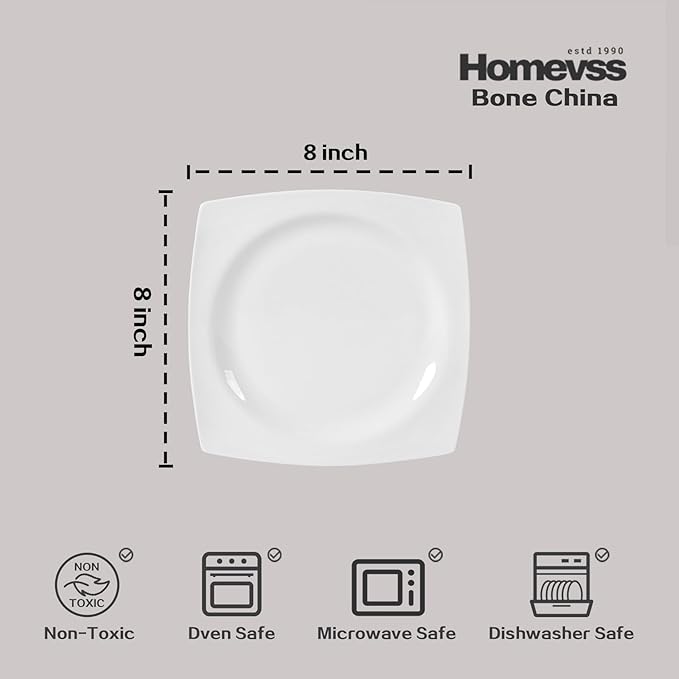 HomeVss, New Bone China Dinnerware Set, Rim Square Shape, 16pc Set