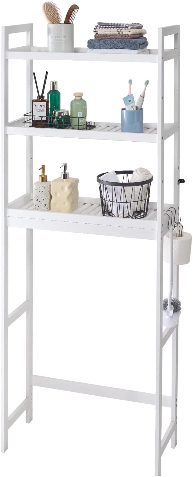 VEVOR Over The Toilet Storage, 3-Tier Adjustable Over Toilet Bathroom Organizer, Bamboo Storage Shelf Rack with 3 Hooks, Freestanding Easy Assembly Laundry Space Saver, Fit Most Toilets, White