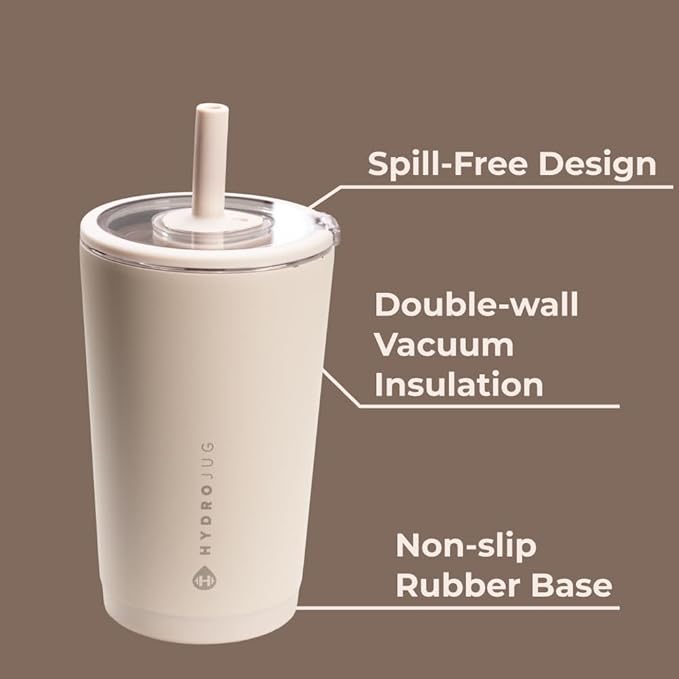 HydroJug Everyday Tumbler 14 oz – Ceramic-Lined Insulated Tumbler with Straw and Soft-Touch Lid, Cup Holder Friendly, Double-Wall Vacuum Insulation, Reusable Travel Cup – Dune