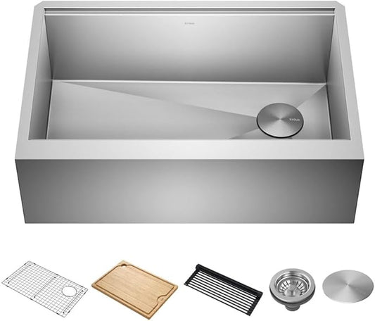 Kraus Kore 30-Inch Rounded Farmhouse Workstation with In Sink Dish Drying Rack, Stainless Steel Kitchen Sink, KWF210-30