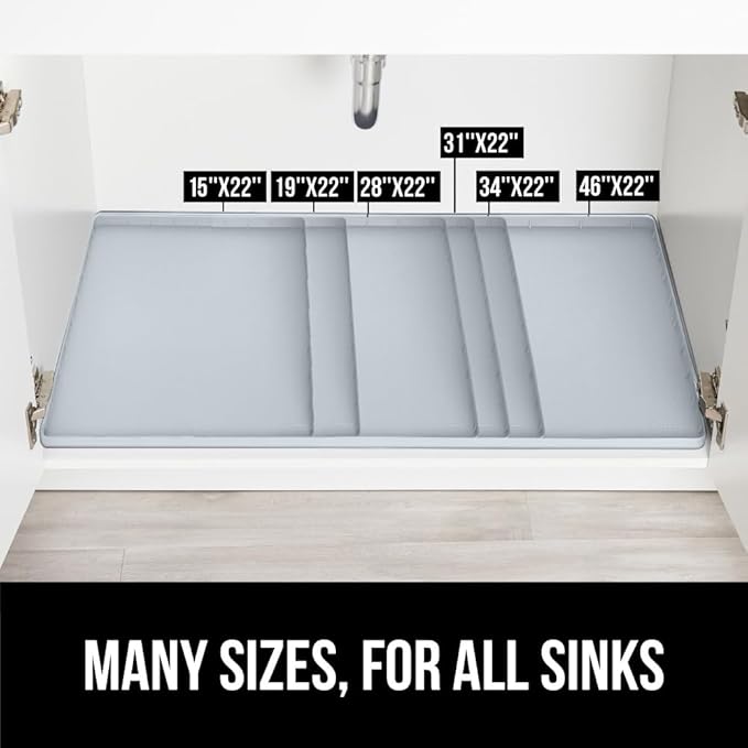 GORILLA GRIP Waterproof Silicone Under Sink Mat with Raised Lip for Kitchen and Bathroom, 46 x 22 in, Cabinet Shelf Liner Stay in Place Mats Dishwasher Safe Drawer Liner, Organizer Tray, Light Grey
