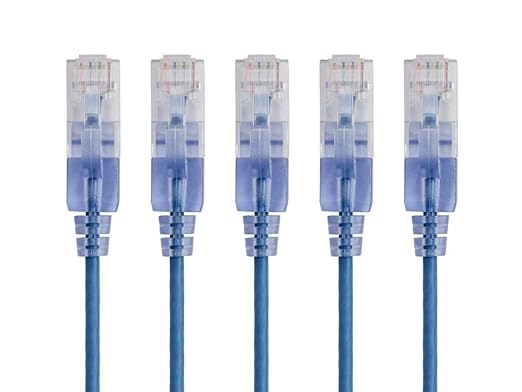 Monoprice SlimRun Cat6A Ethernet Patch Cable - Network Internet Cord - RJ45, Stranded, UTP, Pure Bare Copper Wire, 30AWG, 0.5 Feet, Blue, 5-Pack