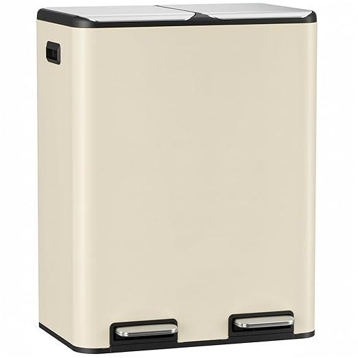Arlopu 16Gal Dual Trash Can w/2 Built-in Box for Odor Control, Hands-Free Kitchen Garbage Bin, Recycle Waste Dustbin, Soft-Close Lid, 2 Buckets,Foot Pedal, Side Handle, Airtight,for Home (Beige)