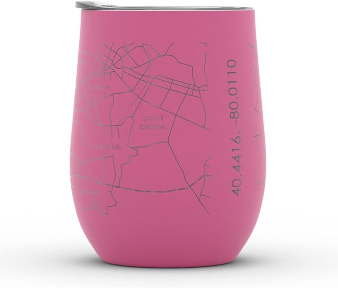 Well Told Engraved Pittsburgh Pennsylvania Map Insulated Wine Tumbler, Etched Stainless Steel Cup (12 oz, Sunset Pink) City Map Insulated Tumbler, Custom Insulated Tumbler, Outdoor Drinkware